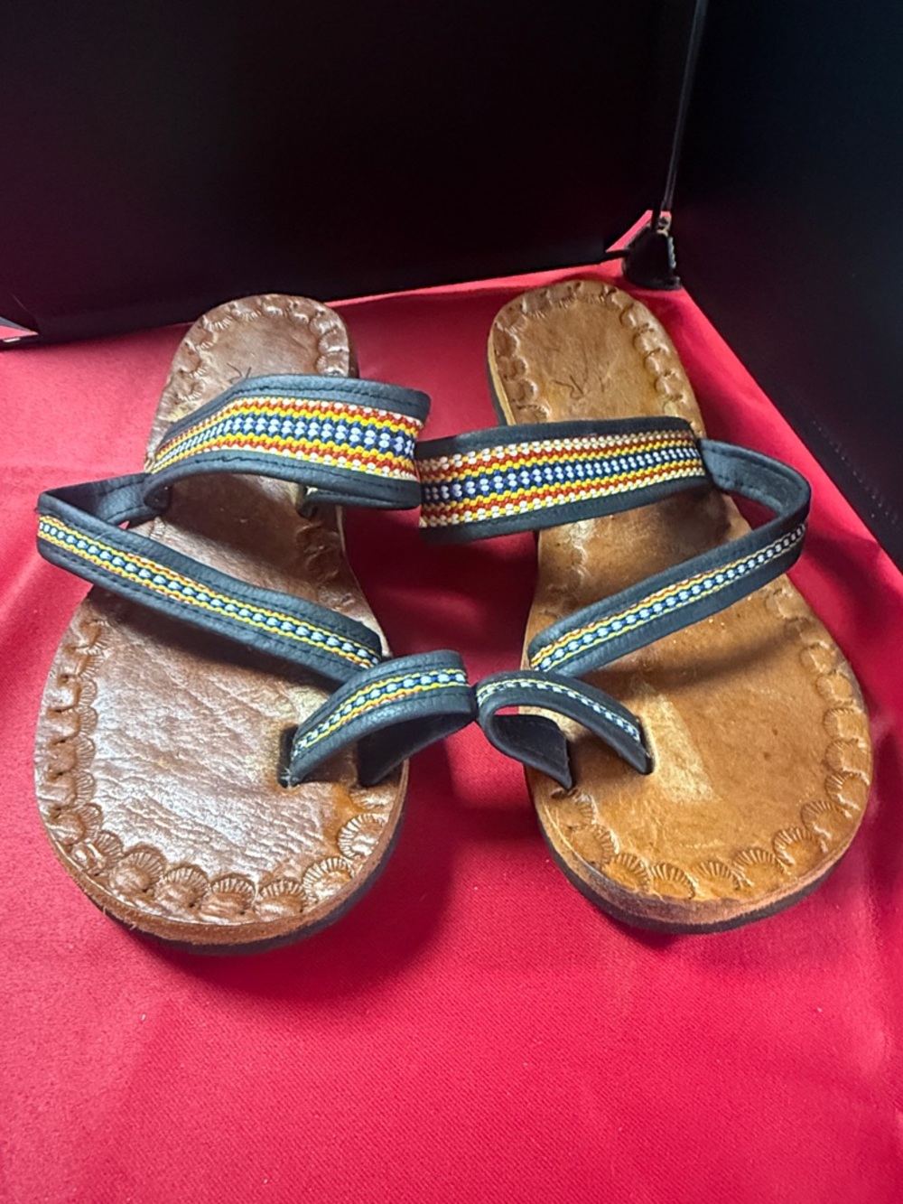 Handcrafted Brown Leather Slide Sandals with Multicolor Straps